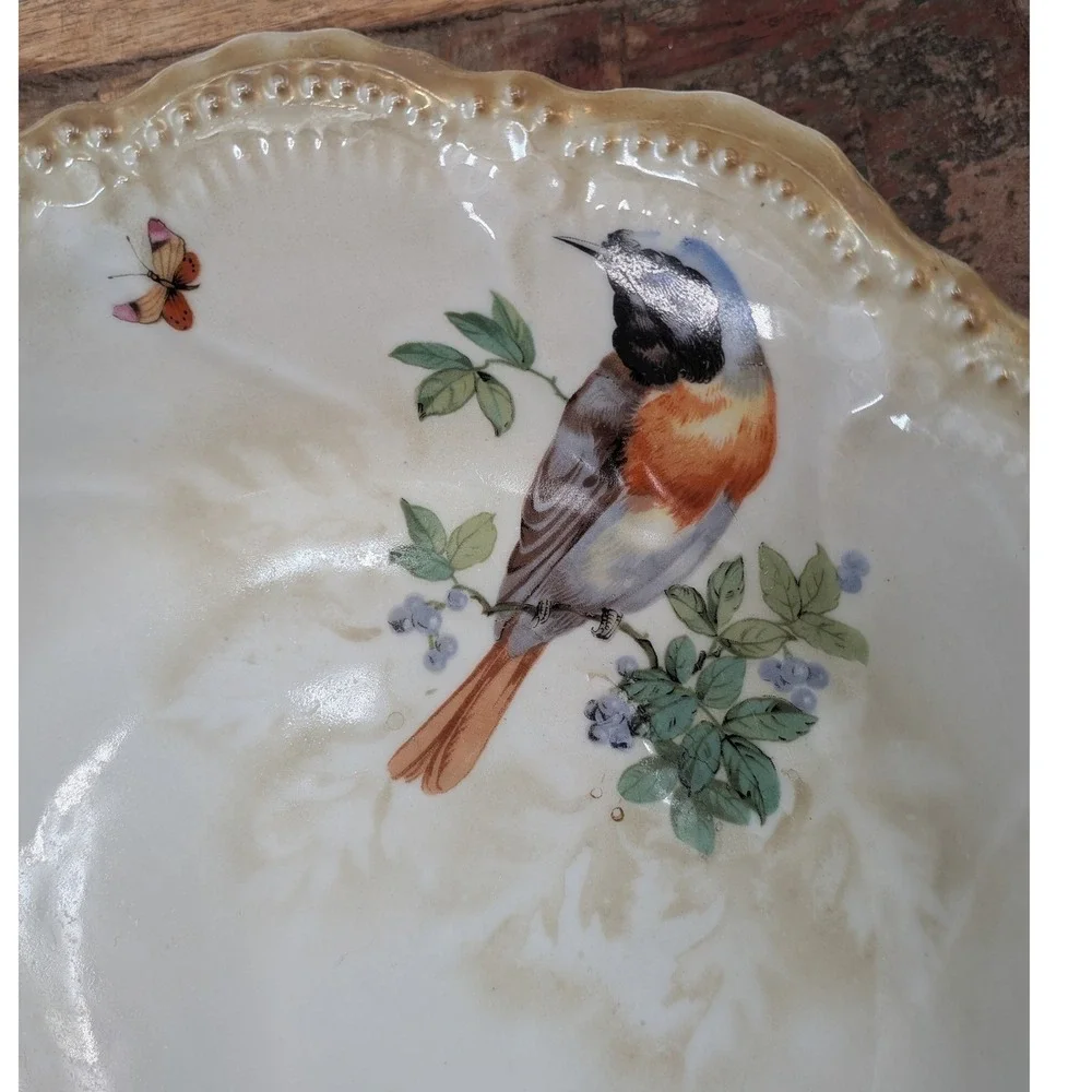 Vintage Leuchtenburg Germany Porcelain Birds Butterfly GoldTrim Lusterware Bowl